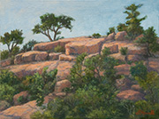 Enchanted Rock Painting by Brenda Howell showing unusual rock formation with trees and shrubs at Enchanted Rock State Park in hill country of Texas.