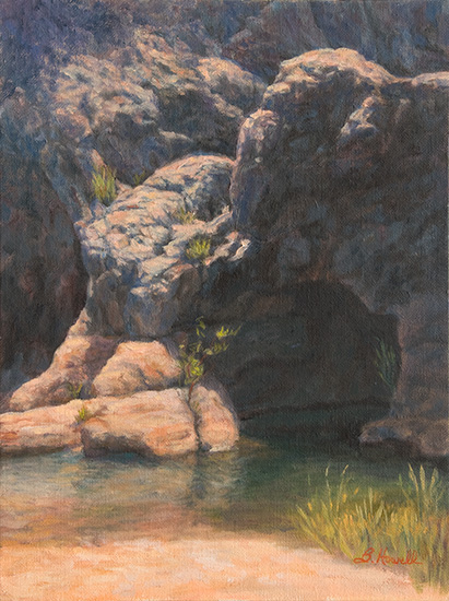 Pedernales Riverbank Painting by Brenda Howell showing unusual rock formation at Pedernales Falls State Park in hill country of Texas.