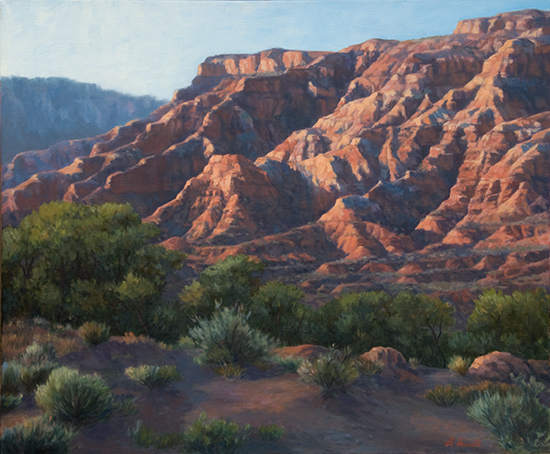 Southern Utah Morning Painting by Brenda Howell showing dramatic cliffs in early morning light with trees and shrubs in foreground.