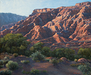 Southern Utah Morning Painting by Brenda Howell showing dramatic cliffs in early morning light with trees and shrubs in foreground.