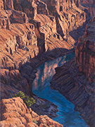 Toroweap #12 Painting by Brenda Howell showing beautiful late afternoon light on the colorful rock walls and the river at Toroweap Point in the far west of Grand Canyon National Park in Arizona.