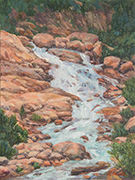 Alluvial Falls Painting by Brenda Howell showing beautiful waterfall cascading down a rocky landscape at Rocky Mountain National Park in Colorado