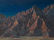 Badlands Nocturne Painting by Brenda Howell showing unusual rocky formations in a starry skied nighttime landscape with desert grassland at Badlands National Park in South Dakota.