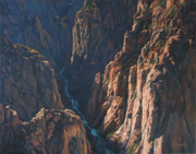 Black Canyon - Ancient Rock Painting by Brenda Howell showing dramatic view of canyon with river in Black Canyon of the Gunnison National Park in Colorado.