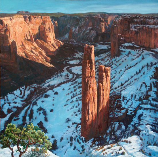 Canyon de Chelly in Snow Painting by Brenda Howell showing a snowy landscape with colorful red rock spires and cliffs at Canyon de Chelly National Monument in Arizona.