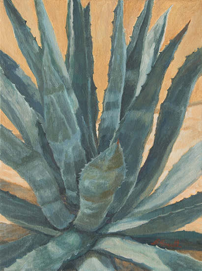Garden Agave Painting by Brenda Howell showing a large spiky agave plant in greens and blues with sunny adobe wall in background.