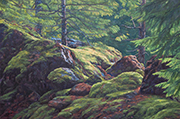 Painting by Brenda Howell of beautiful mossy rocky Hoh Rain Forest in Olympic National Park. 