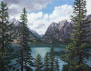 Jenny Lake Autumn Painting by Brenda Howell showing beautiful lake and Teton Mountains seen through trees at Grand Teton National Park in Wyoming.