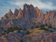 Millard Ridge Window - Badlands Painting by Brenda Howell showing colorful rocky rocky spires at sunset with desert shrubs at Badlands National Park in South Dakota.