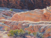 Desert Sandstone Drama Painting by Brenda Howell showing dramatic outcroppings of colorful desert rocks and plants in Red Rock State Park in Nevada.
