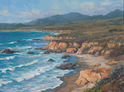 San Simeon Looking North Painting by Brenda Howell showing Pacific Ocean along the California coast with view of cliffs and rocky shoreline, with mountains in background. 