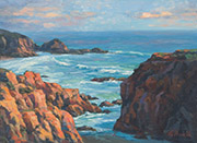San Simeon Looking South Painting by Brenda Howell showing Pacific Ocean along the California coast with view of cliffs and rocky shoreline. 