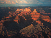 South Rim Enchanted Painting by Brenda Howell showing dramatic late afternoon view of the colorful formations of Zoroaster, Deva, and Brahma Temples of Grand Canyon National Park in Arizona.