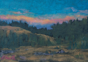 Sunset before Totality #2 Painting by Brenda Howell showing view sunset-like colors over Casper Wyoming from mountains to the south at midday during the solar eclipse.