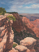 Walhalla Plateau 2 Painting by Brenda Howell showing cloud shadows on canyon formations at the north rim of Grand Canyon National Park in Arizona.
